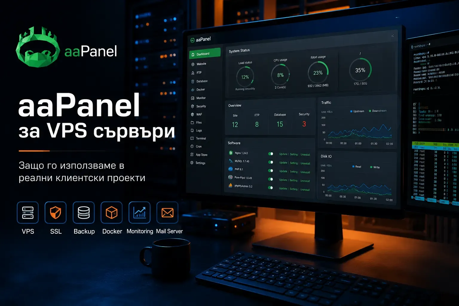Illustration of an aaPanel workspace with servers and VPS management tools