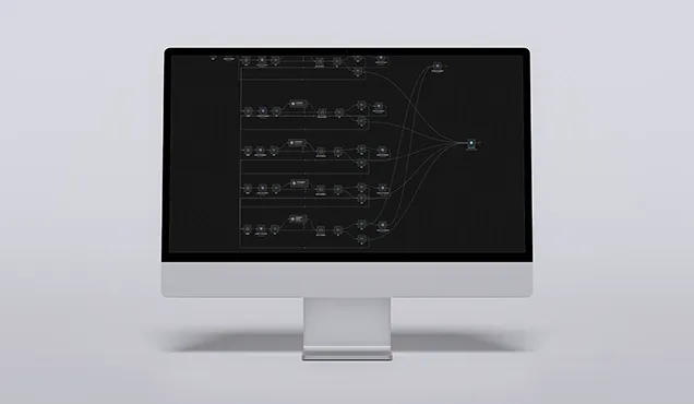 Visual workflow with multiple connected modules for process automation.