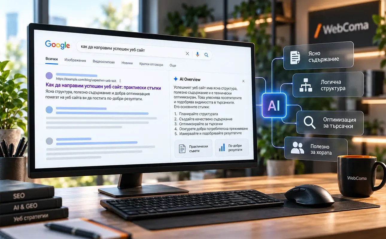 Screen showing an AI-powered search result with visual highlights for clear content, logical structure, search optimization, and usefulness for people.