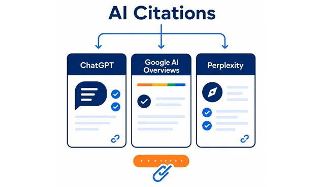 Diagram of AI citations in ChatGPT, Google AI Overviews and Perplexity.