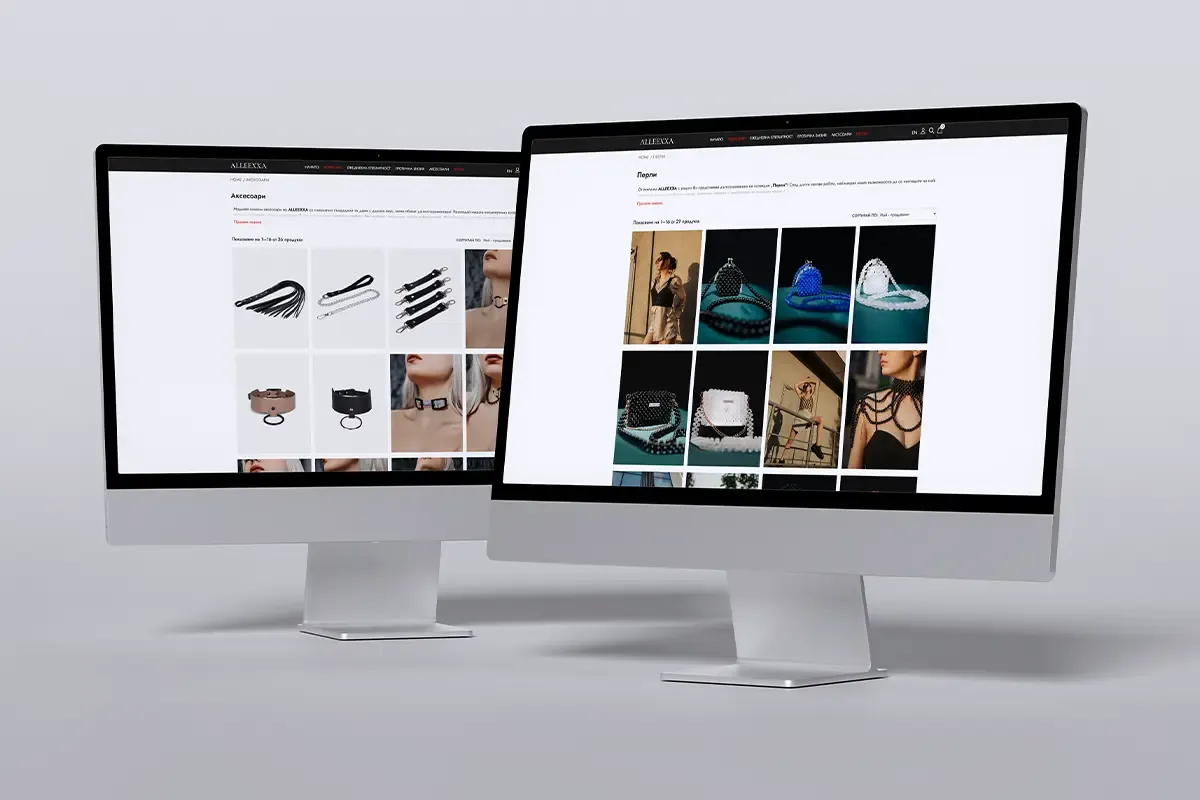 Category pages of the ALLEEXXA online store with product grids, filters and a visually structured catalog