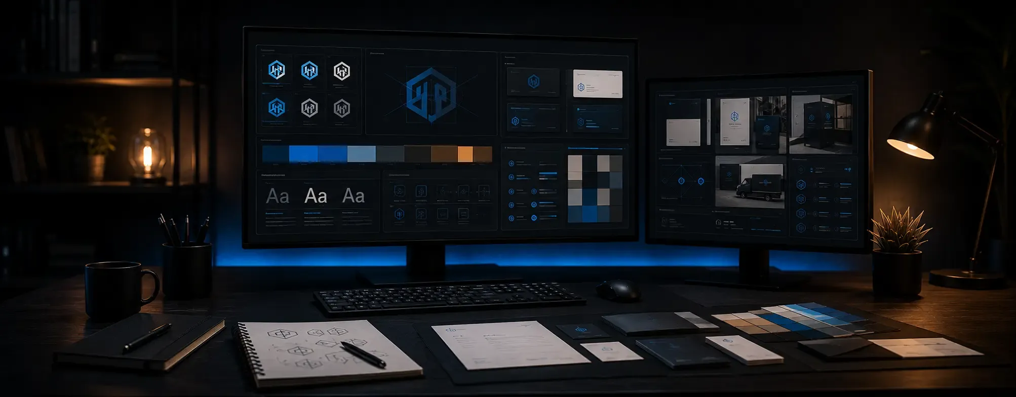 Dark designer workspace with two monitors showing a brand system, color palette, typography, and corporate mockups