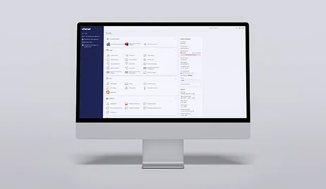 cPanel control panel for managing hosting, files, domains and email services.