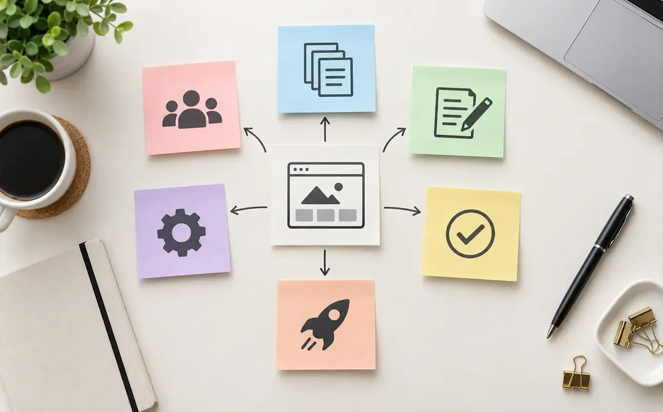 Top-down view of corporate website planning with elements for audience, content, functionality, and next steps.