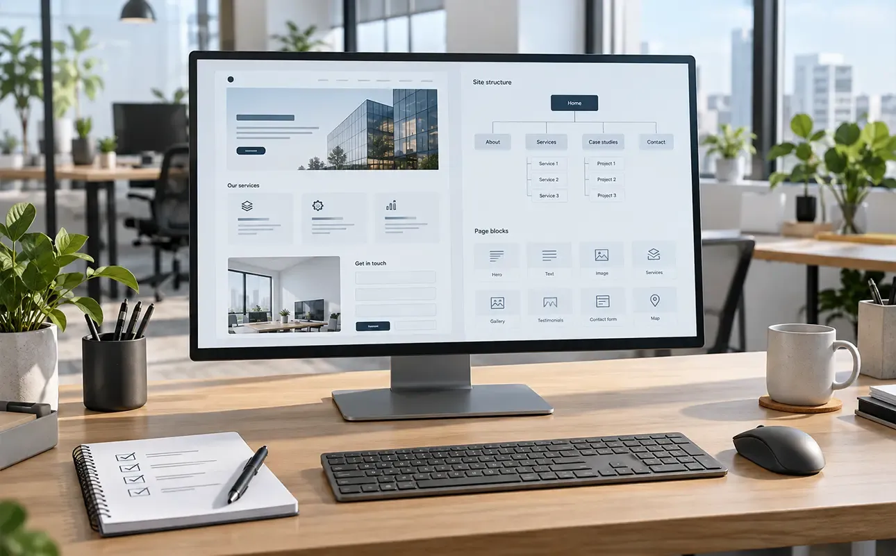 Workspace with a monitor showing an example corporate website structure, key pages, and content blocks.