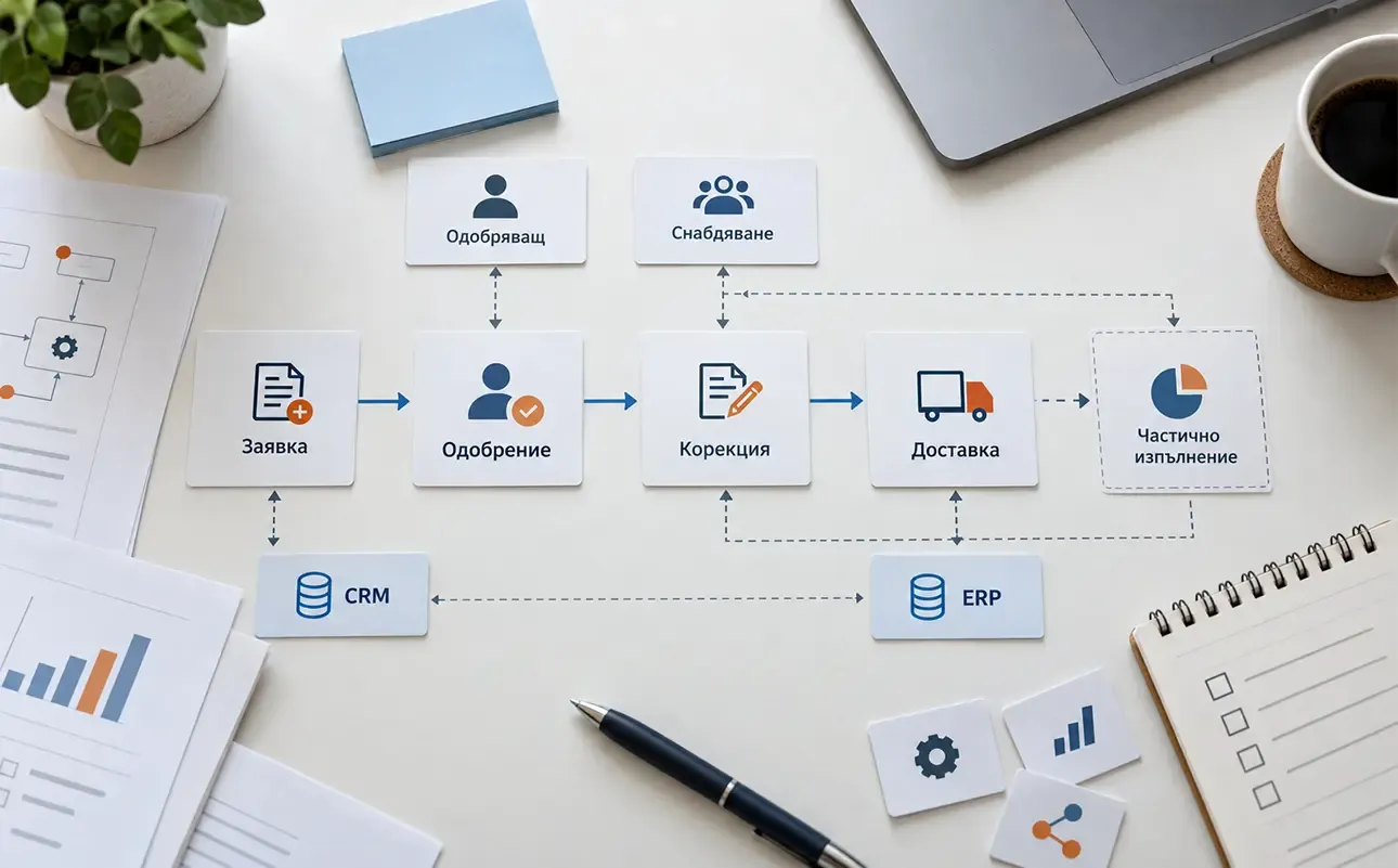 Top-down view of an example business process with request, approval, correction, delivery, and connections to CRM and ERP systems.