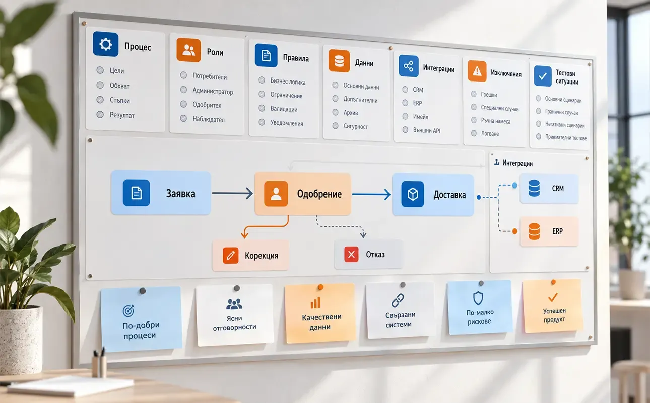 Planning board for a custom web system covering process, roles, rules, data, integrations, exceptions, and test scenarios.