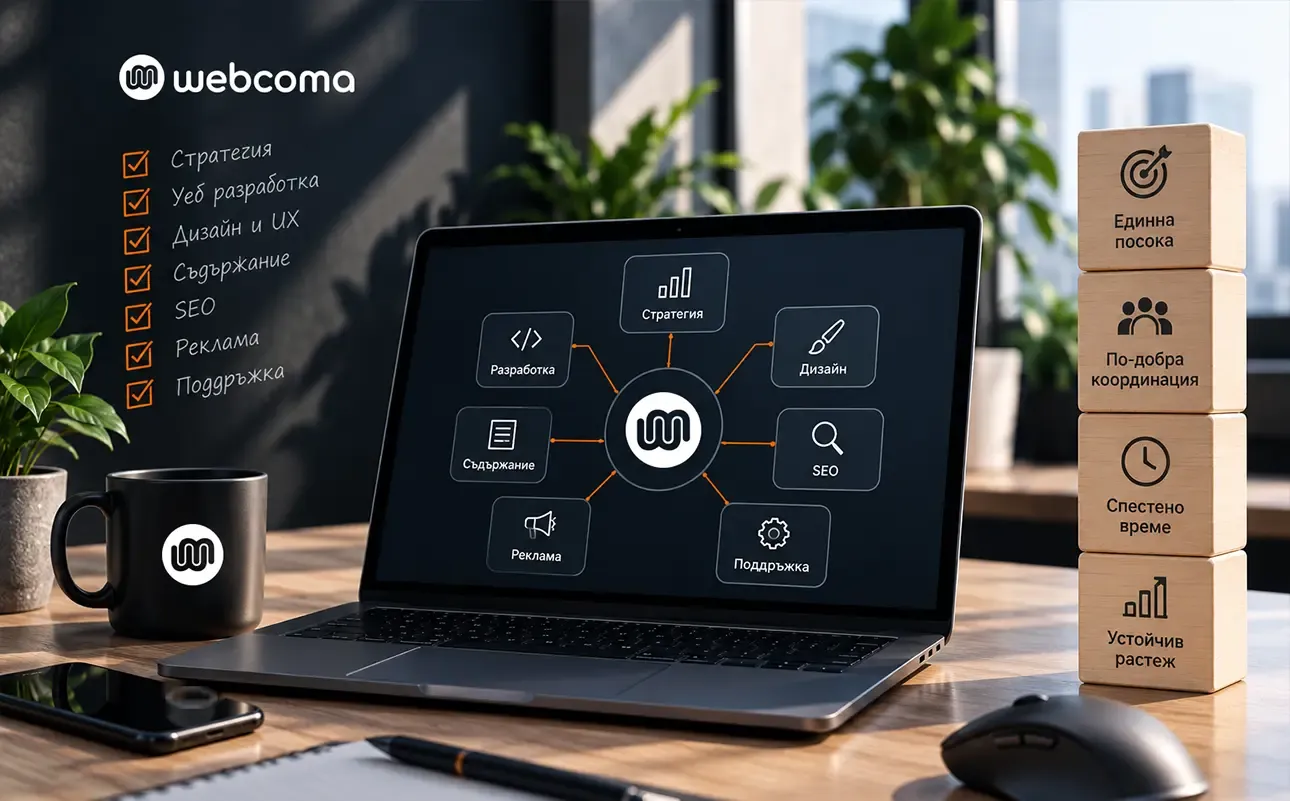 Laptop showing interconnected digital services around the WebComa symbol, with wooden blocks representing shared direction and coordination.