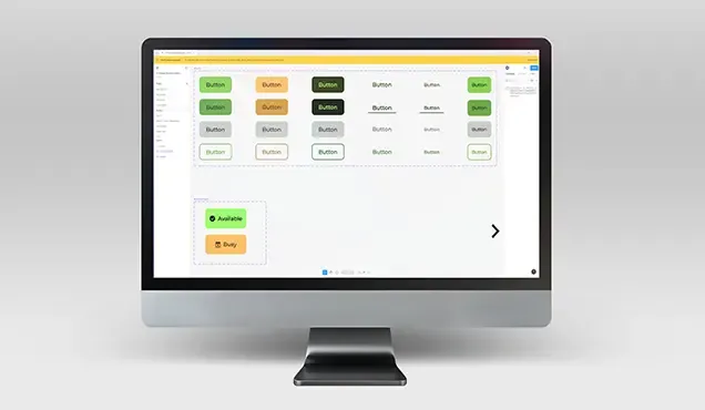 Figma screen with a design system, button variants and states for UI/UX design.