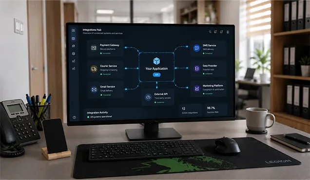 Integration hub diagram connecting an application with payment, courier, email and marketing systems.