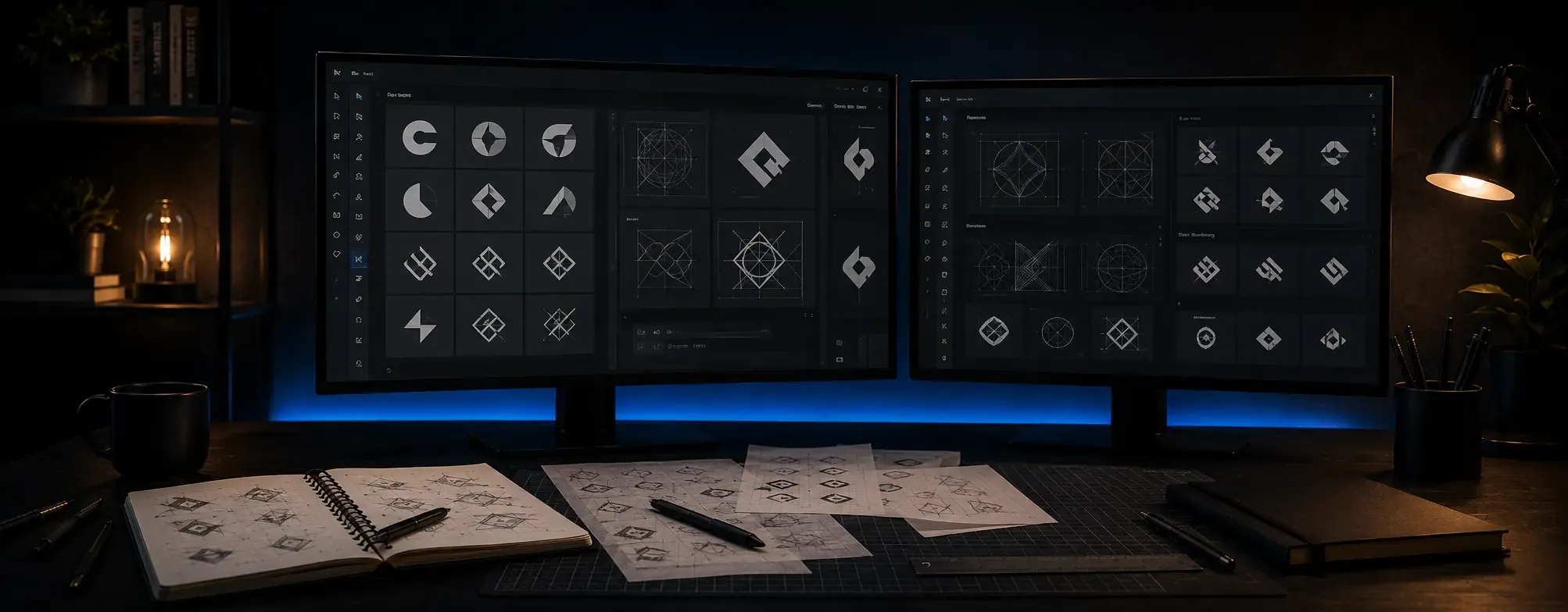 Dark designer workspace with two monitors, logo sketches, symbol variations, and construction grids for mark development