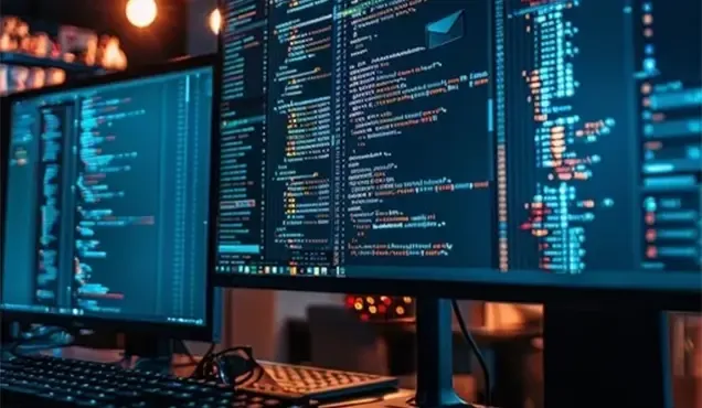 Development workstation with multiple monitors showing code and interfaces for custom web systems