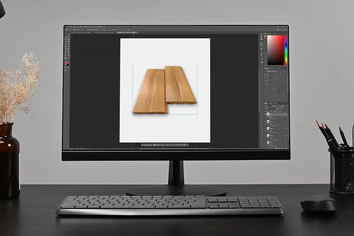 Processing a product photo of a wooden profile in Adobe Photoshop