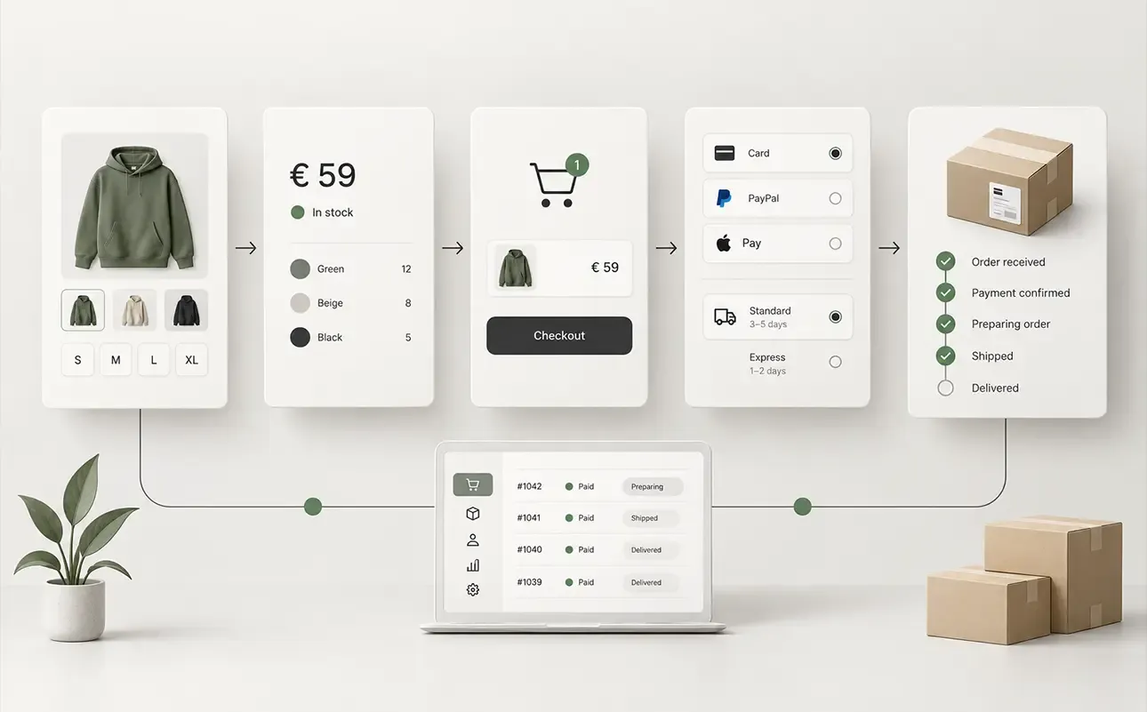 Diagram of the online order journey from product and variant selection through payment to preparation and delivery.