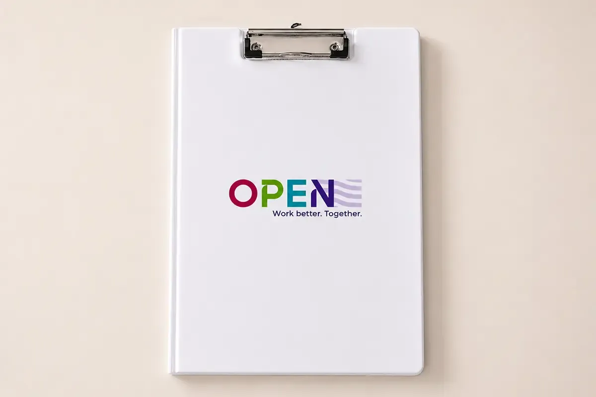 Branded clipboard with the OPEN by TSA logo