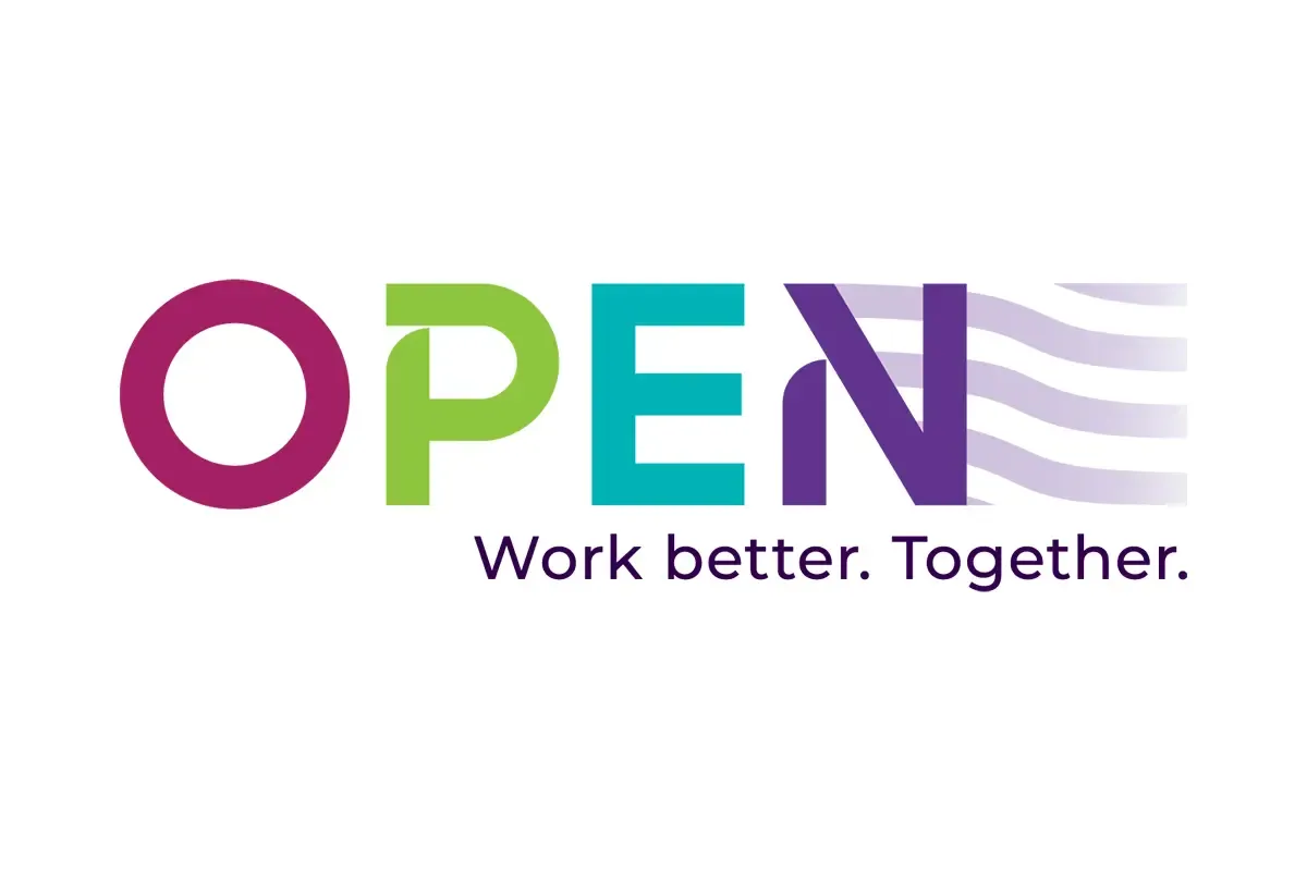 Цветно лого OPEN by TSA с динамичен графичен елемент и слоган Work better. Together.