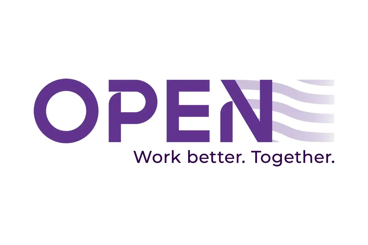 Лилава версия на логото OPEN by TSA, част от разработената визуална идентичност.