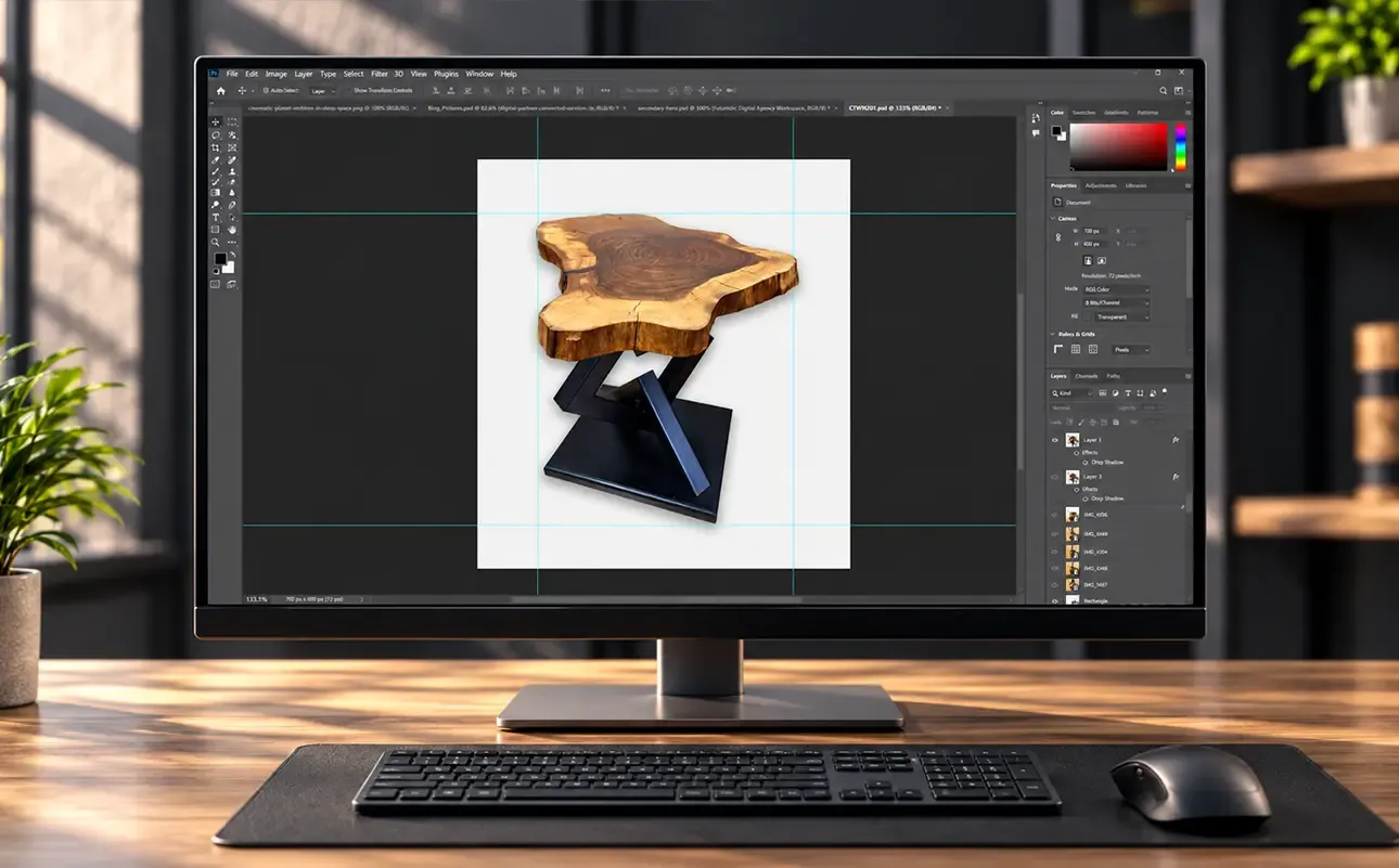 Monitor with Photoshop open, showing a product photo of a live-edge wooden table with a metal base on a white background.