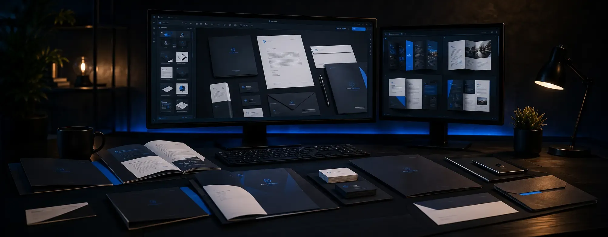 Dark designer workspace with two monitors showing business cards, brochures, folders, and corporate print materials