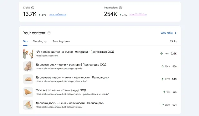 Google Search Console data with clicks, impressions and top content for SEO optimization.