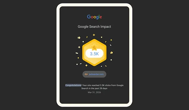 Google Search Impact screen showing reported search clicks to palisandar.com.