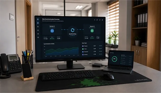 Work screen showing data synchronization between two systems and exchange status.