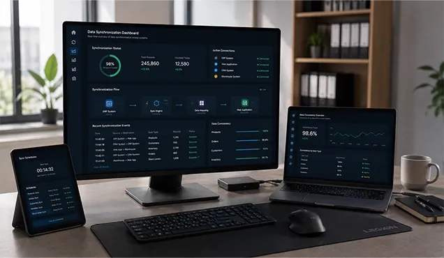 Data synchronization dashboard with active connections, processes and statuses between systems.