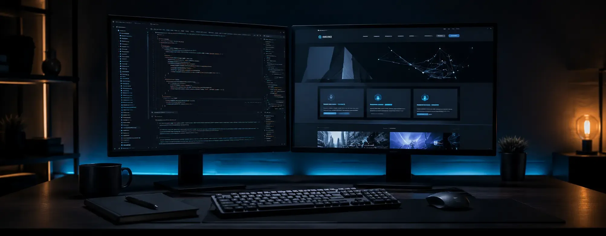 Тъмна работна среда с два монитора, код и преглед на уеб интерфейс за разработка на сайт