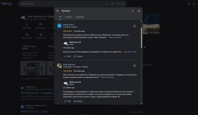 View of customer reviews in a Google Business Profile for local SEO.