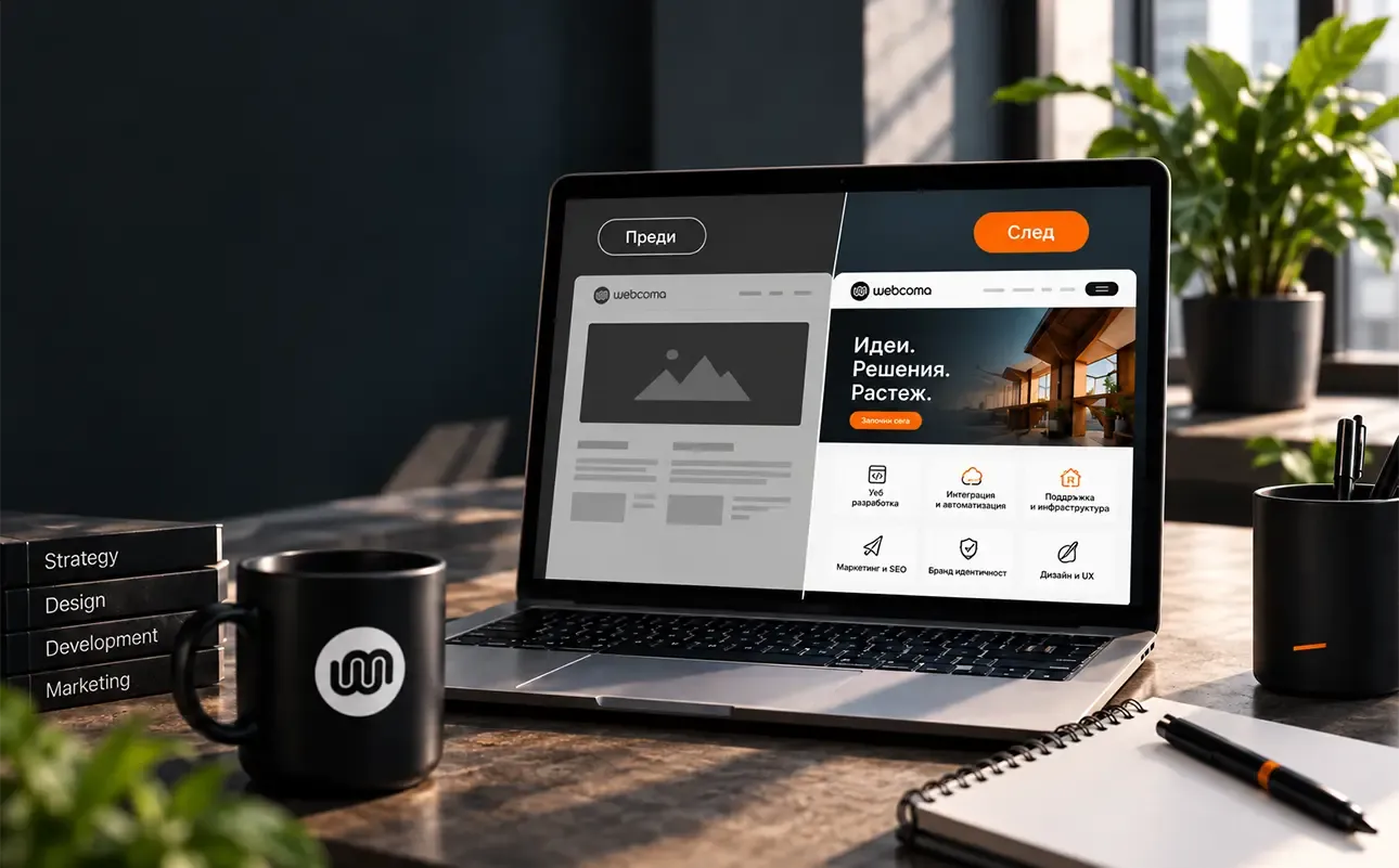 Laptop showing an illustrative before-and-after website redesign comparison in a WebComa-branded workspace.