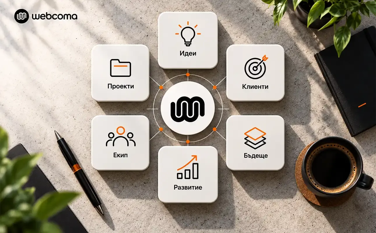 Top-down view of connected cards labeled “Ideas”, “Projects”, “Clients”, “Team”, “Development”, and “Future”, arranged around the WebComa symbol.