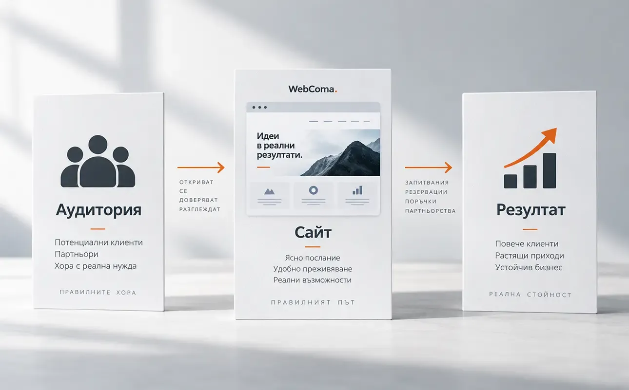 Three white cards labeled “Audience”, “Website” and “Result”, connected by orange arrows, illustrate the link between visitors, the website and business goals.