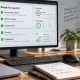 Workspace with a monitor displaying an illustrative pre-launch checklist for technical setup, SEO, testing, and maintenance.