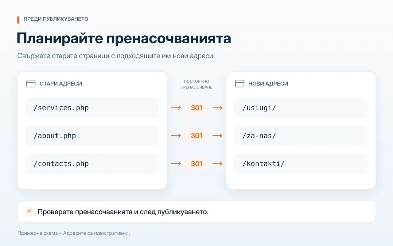 Example diagram mapping old page URLs to their corresponding new URLs using 301 redirects.