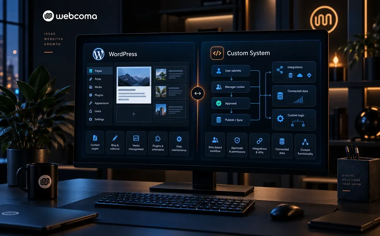 Monitor showing a visual comparison between WordPress and a custom system based on content, workflows, roles, integrations, and custom logic.