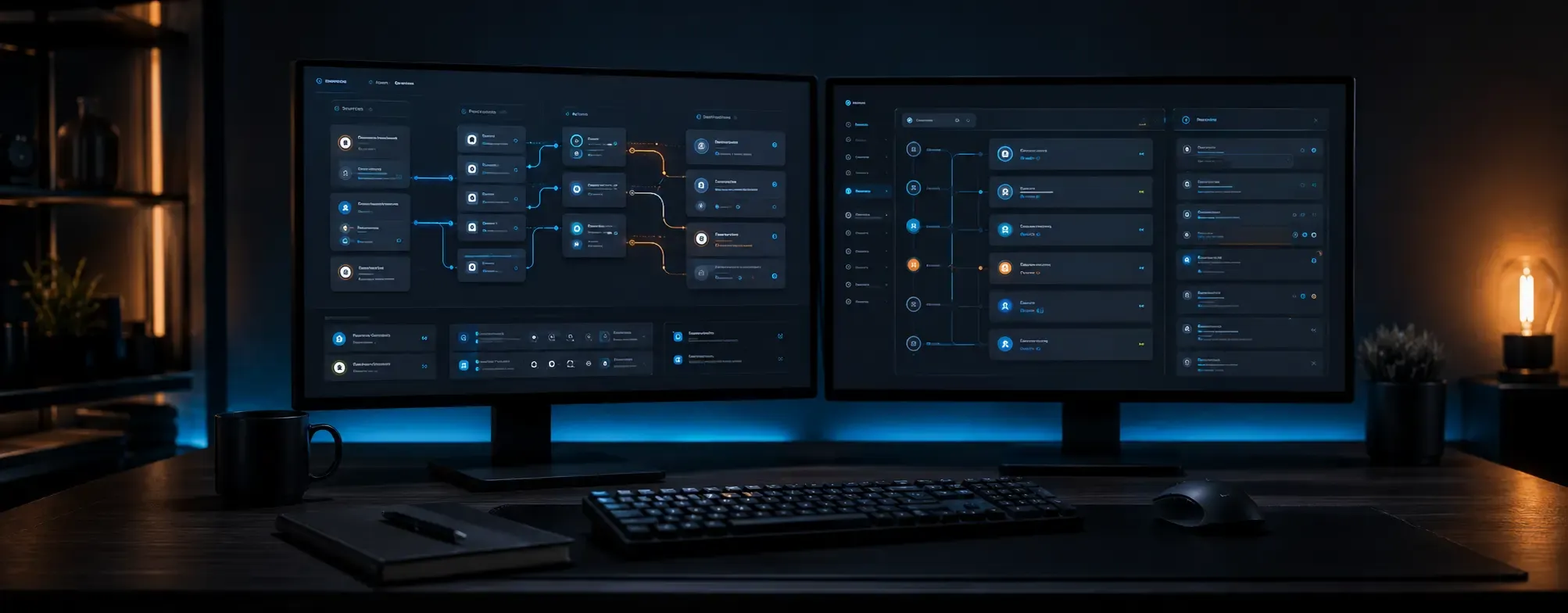 Dark digital workspace with connected modules, process flows and data exchange between systems