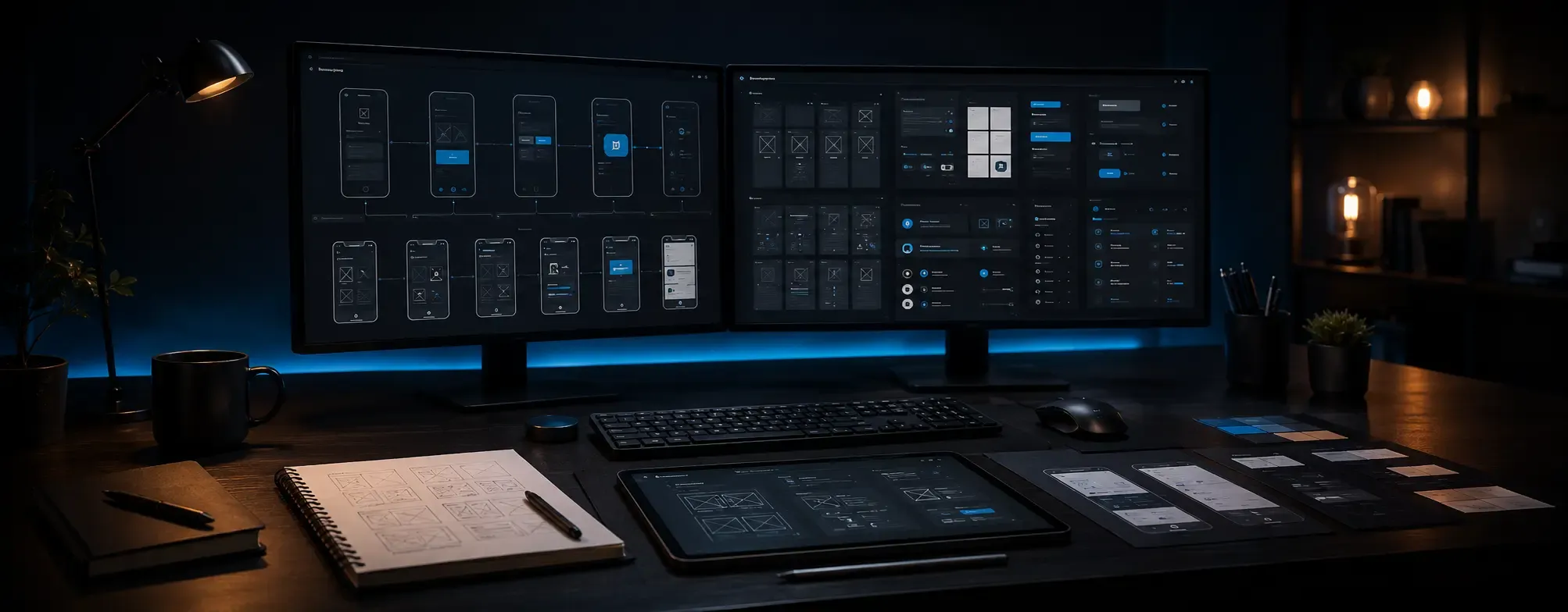 Dark design workspace with wireframes, UI components, mobile screens and user flow