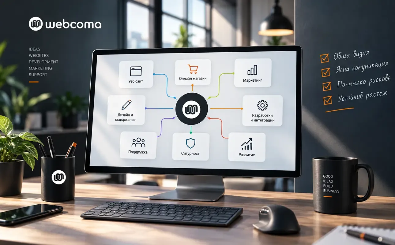 Monitor displaying a diagram of web development, marketing, design, integrations, and maintenance connected around the original WebComa symbol.