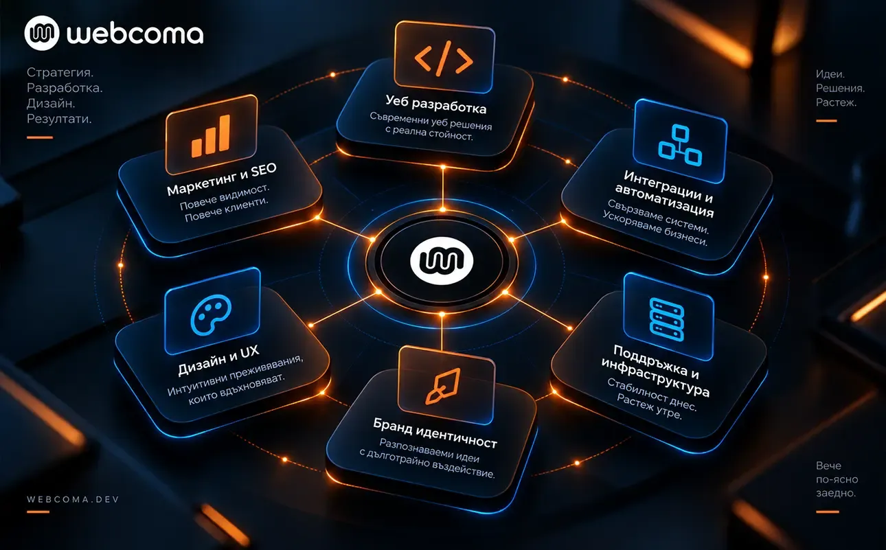 WebComa’s six service areas arranged around a central digital hub and connected as one integrated service ecosystem.