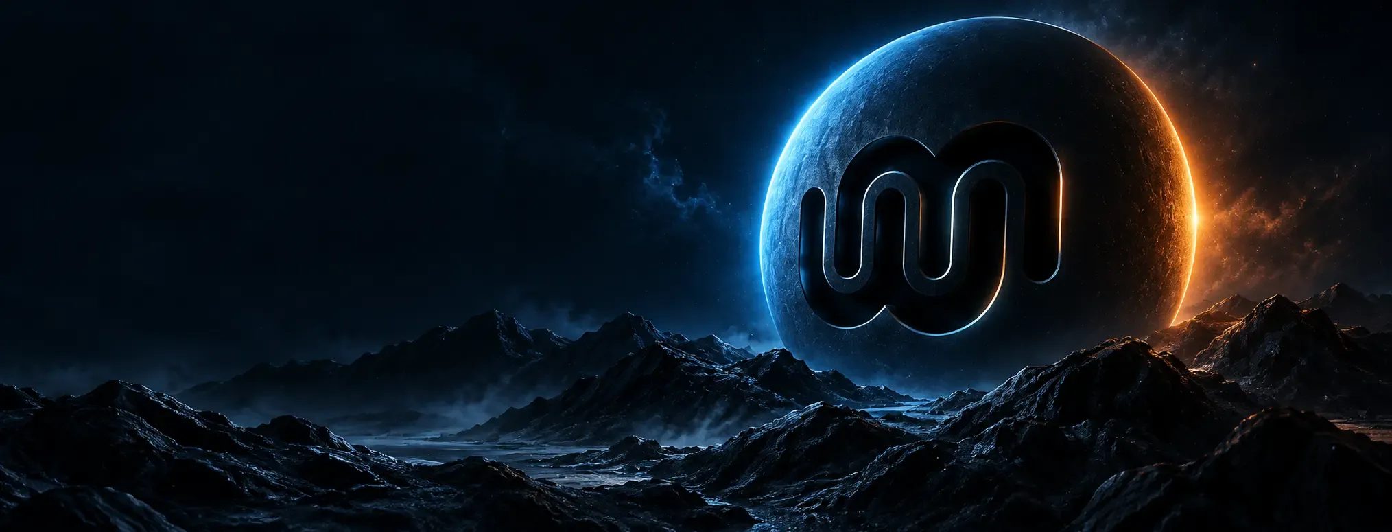 WebComa logo on a dark planet with blue and orange rim lighting above a rocky landscape.