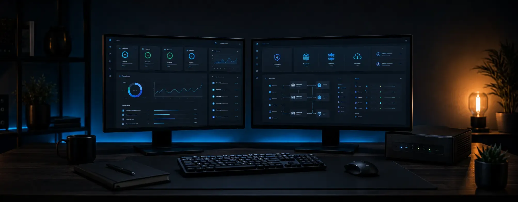 Technical workspace with monitoring panels, system indicators and a device for infrastructure support