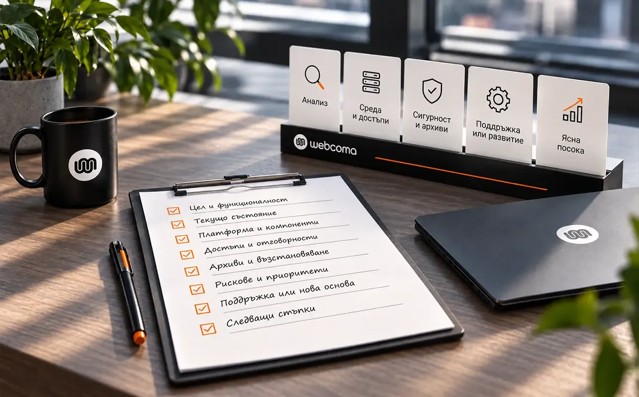 Desk workspace with a checklist for taking over an existing website and visual stages for analysis, environment and access, security, maintenance, and growth.