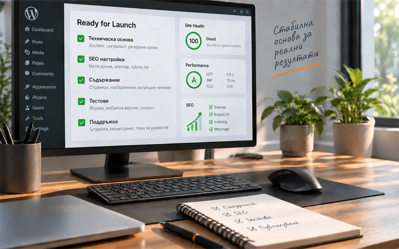 Workspace with a monitor displaying an illustrative pre-launch checklist for technical setup, SEO, testing, and maintenance.